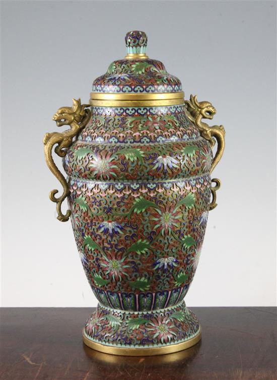 A Chinese bronze and cloisonne enamel vase and cover, early 20th century, 28.5cm